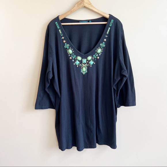 ULLA POPKEN Women’s black embellished Top Size 20/22 green beads jewels - Picture 8 of 8
